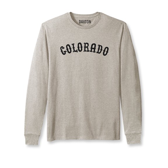 Daxton Retro Colorado Arch Font Long Sleeves T Shirt Soft Medium Weight Cotton, Oat Tee Black Font, XS