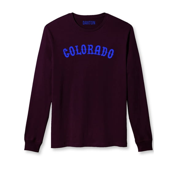 Daxton Retro Colorado Arch Font Long Sleeves T Shirt Soft Medium Weight Cotton, Plum Tee Royal Font, XS