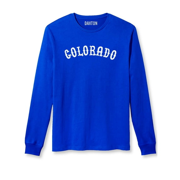 Daxton Retro Colorado Arch Font Long Sleeves T Shirt Soft Medium Weight Cotton, Royal Tee White Font, M