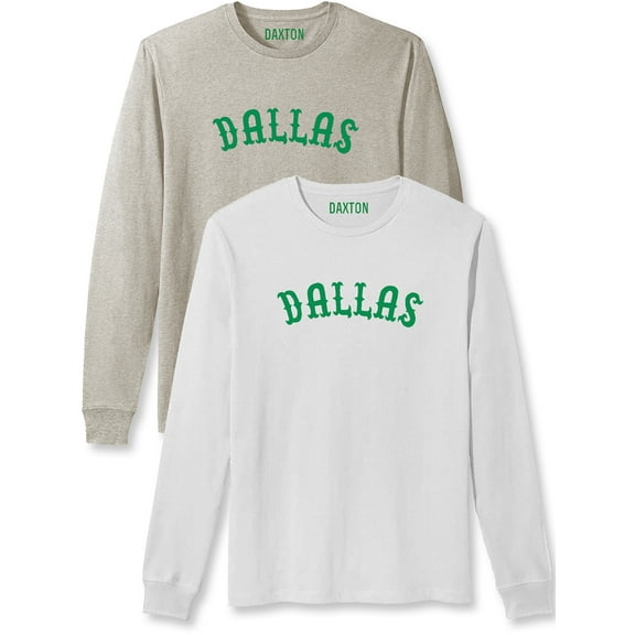 Daxton Retro Dallas Arch Font Long Sleeves T Shirt Soft Medium Weight Cotton, 2Pk Oat Green White Green, S