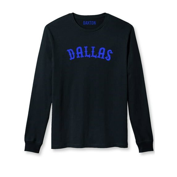 Daxton Retro Dallas Arch Font Long Sleeves T Shirt Soft Medium Weight Cotton, Black Tee Royal Font, S