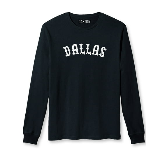 Daxton Retro Dallas Arch Font Long Sleeves T Shirt Soft Medium Weight Cotton, Black Tee White Font, L