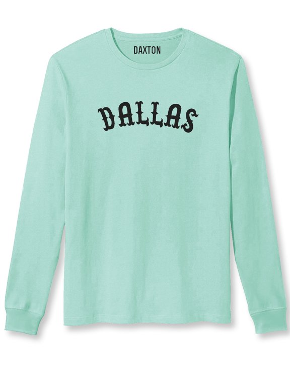 Retro Dallas Arch Font Long Sleeves T Shirt Soft Medium Weight Cotton, Mint Tee Black Font, 1XL