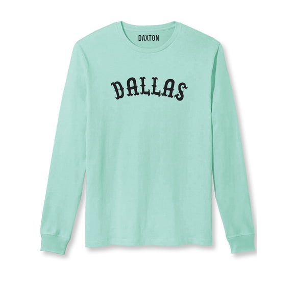 Daxton Retro Dallas Arch Font Long Sleeves T Shirt Soft Medium Weight Cotton, Mint Tee Black Font, 3XL