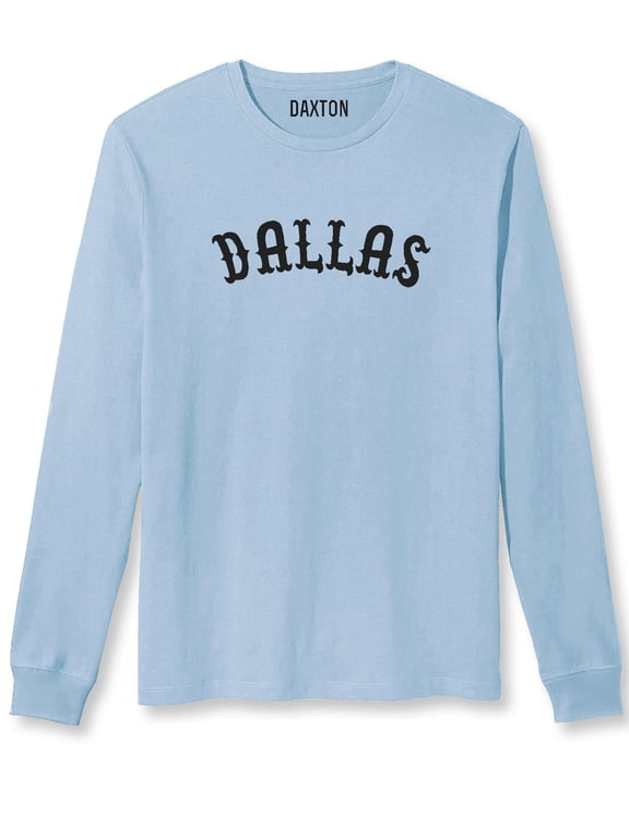 Retro Dallas Arch Font Long Sleeves T Shirt Soft Medium Weight Cotton, Sky Tee Black Font, 1XL