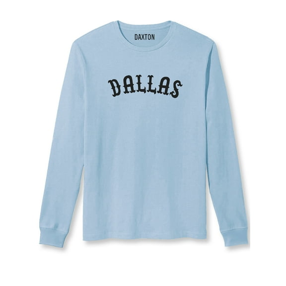 Daxton Retro Dallas Arch Font Long Sleeves T Shirt Soft Medium Weight Cotton, Sky Tee Black Font, 3XL