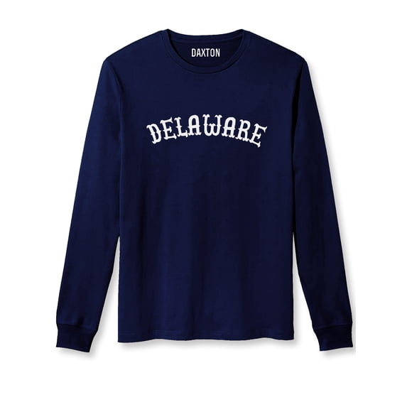 Daxton Retro Delaware Arch Font Long Sleeves T Shirt Soft Medium Weight Cotton, Navy Tee White Font, S