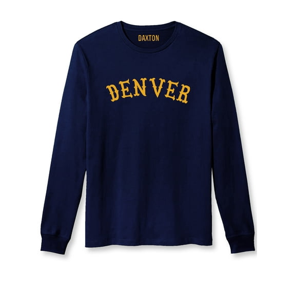 Daxton Retro Denver Arch Font Long Sleeves T Shirt Soft Medium Weight Cotton, Navy Tee Gold Font, S
