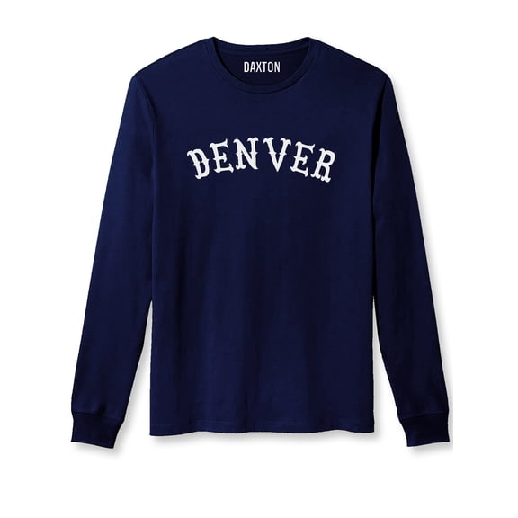 Daxton Retro Denver Arch Font Long Sleeves T Shirt Soft Medium Weight Cotton, Navy Tee White Font, M
