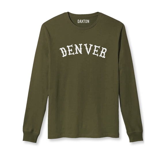 Daxton Retro Denver Arch Font Long Sleeves T Shirt Soft Medium Weight Cotton, Olive Tee White Font, M