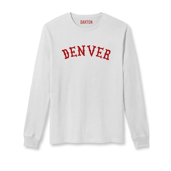 Daxton Retro Denver Arch Font Long Sleeves T Shirt Soft Medium Weight Cotton, White Tee Red Font, XS