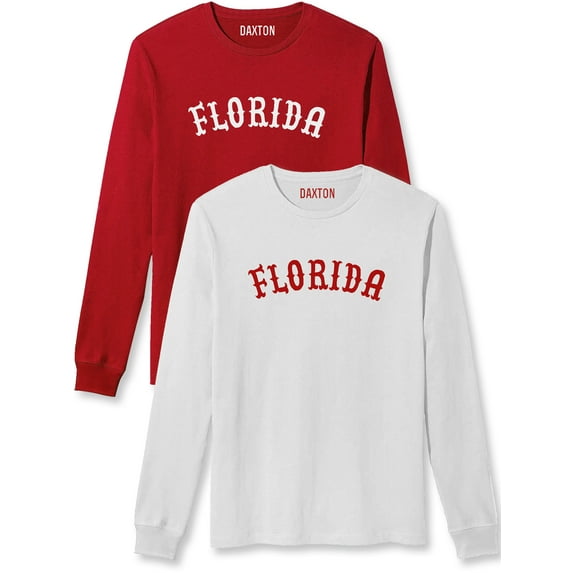 Daxton Retro Florida Arch Font Long Sleeves T Shirt Soft Medium Weight Cotton, 2Pk Red White White Red, L