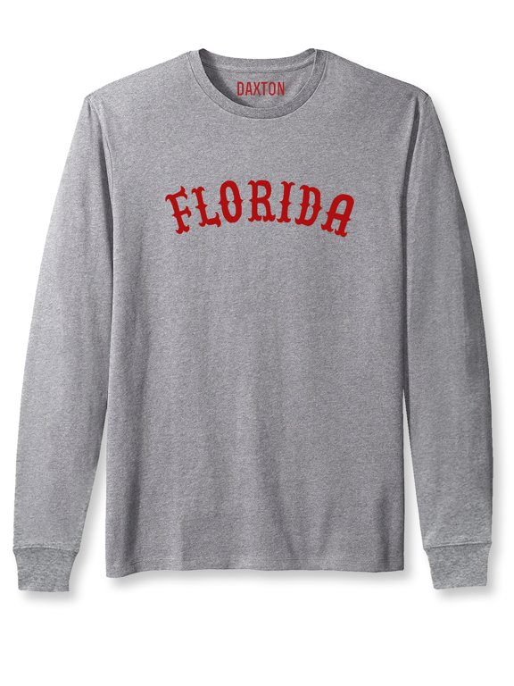 Retro Florida Arch Font Long Sleeves T Shirt Soft Medium Weight Cotton, Hgray Tee Red Font, 1XL