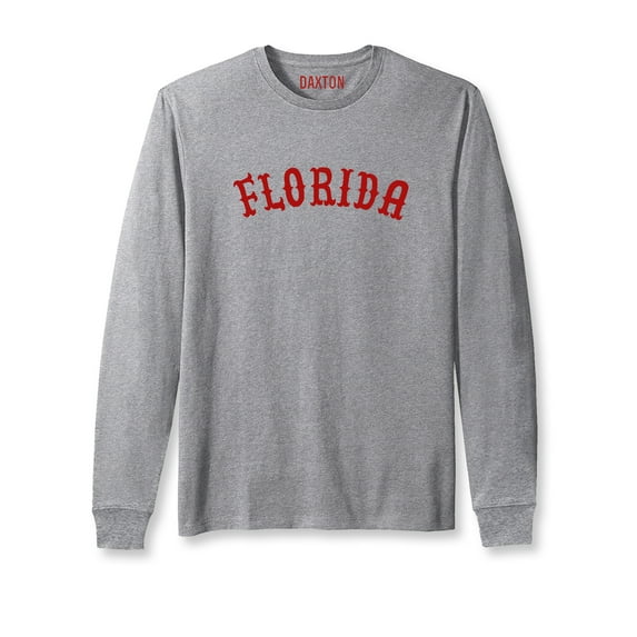 Daxton Retro Florida Arch Font Long Sleeves T Shirt Soft Medium Weight Cotton, Hgray Tee Red Font, XS