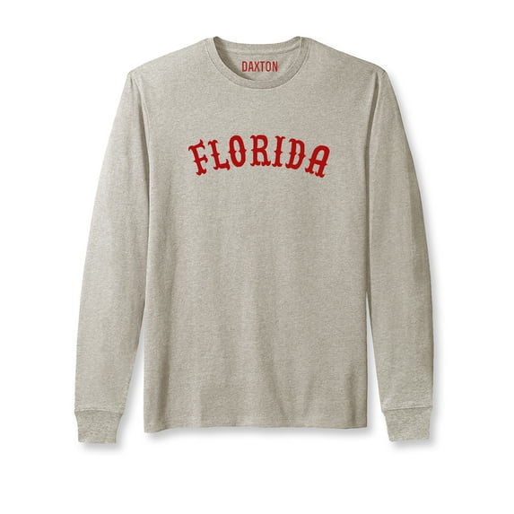 Daxton Retro Florida Arch Font Long Sleeves T Shirt Soft Medium Weight Cotton, Oat Tee Red Font, M