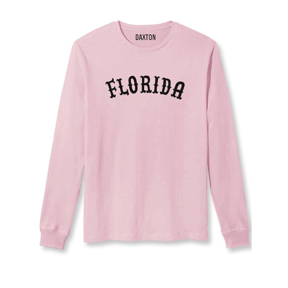 Daxton Retro Florida Arch Font Long Sleeves T Shirt Soft Medium Weight Cotton, Pink Tee Black Font, 1XL