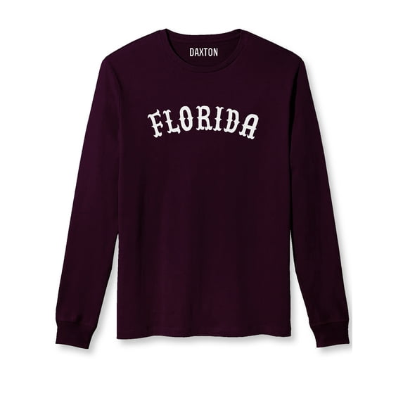Daxton Retro Florida Arch Font Long Sleeves T Shirt Soft Medium Weight Cotton, Plum Tee White Font, XS