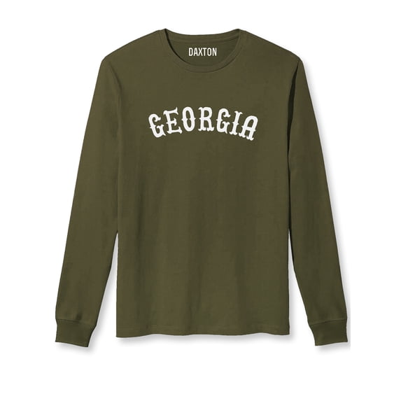 Daxton Retro Georgia Arch Font Long Sleeves T Shirt Soft Medium Weight Cotton, Olive Tee White Font, L