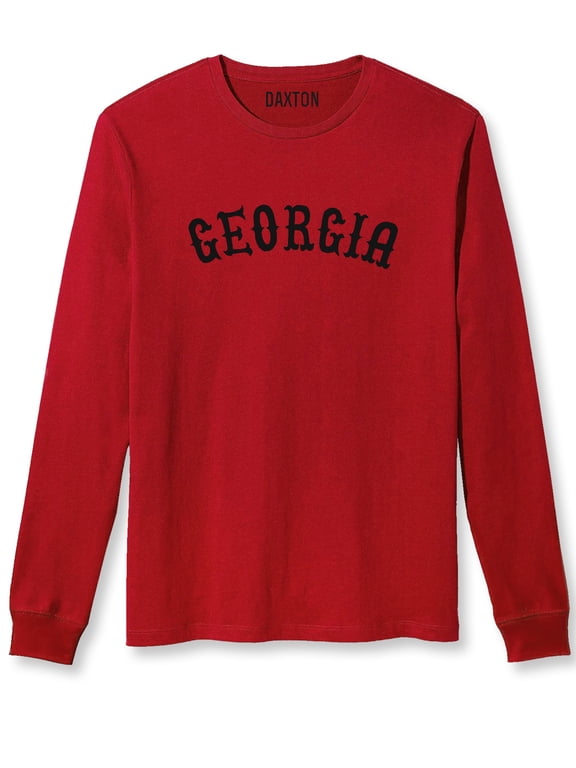 Retro Georgia Arch Font Long Sleeves T Shirt Soft Medium Weight Cotton, Red Tee Black Font, 1XL