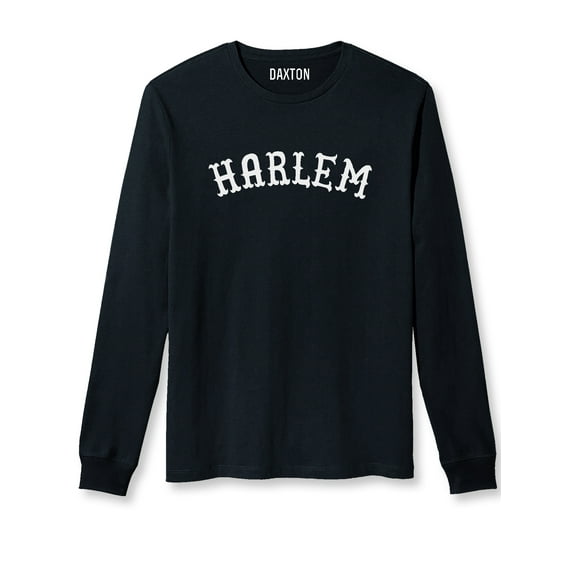 Daxton Retro Harlem Arch Font Long Sleeves T Shirt Soft Medium Weight Cotton, Black Tee White Font, 1XL