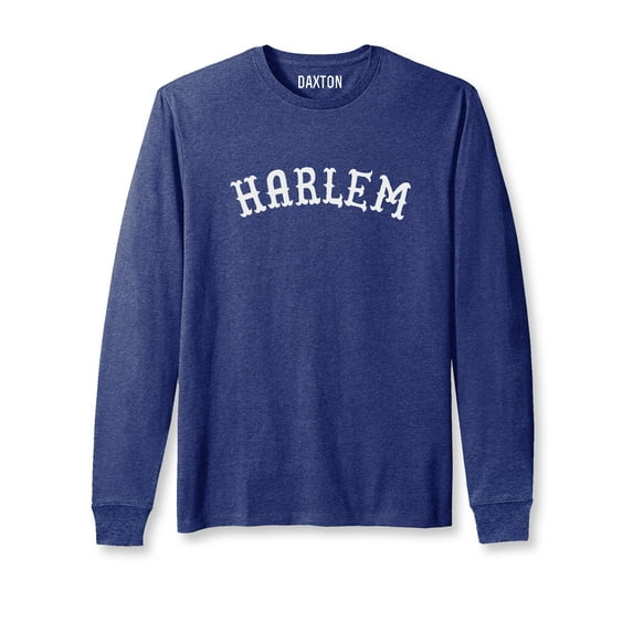 Daxton Retro Harlem Arch Font Long Sleeves T Shirt Soft Medium Weight Cotton, Heather Navy Tee White Font, 1XL