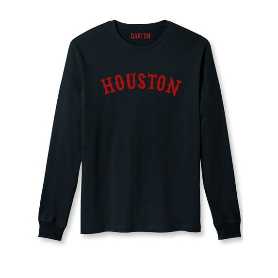 Daxton Retro Houston Arch Font Long Sleeves T Shirt Soft Medium Weight Cotton, Black Tee Red Font, M
