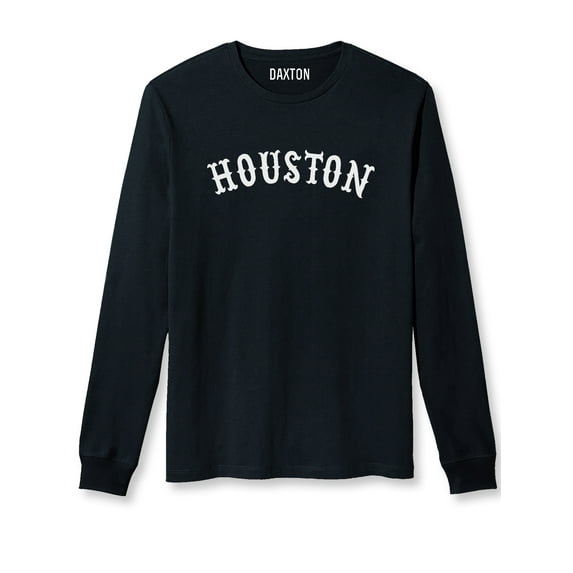 Daxton Retro Houston Arch Font Long Sleeves T Shirt Soft Medium Weight Cotton, Black Tee White Font, M