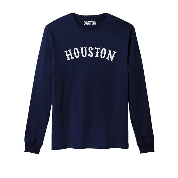 Daxton Retro Houston Arch Font Long Sleeves T Shirt Soft Medium Weight Cotton, Navy Tee White Font, M
