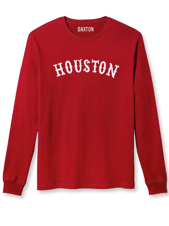 Retro Houston Arch Font Long Sleeves T Shirt Soft Medium Weight Cotton, Red Tee White Font, 2XL