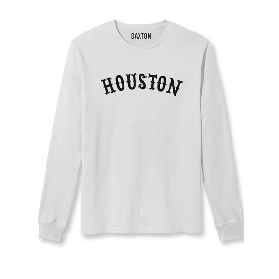 Daxton Retro Houston Arch Font Long Sleeves T Shirt Soft Medium Weight Cotton, White Tee Black Font, XS