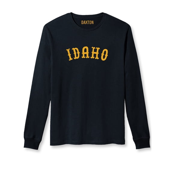 Daxton Retro Idaho Arch Font Long Sleeves T Shirt Soft Medium Weight Cotton, Black Tee Gold Font, S