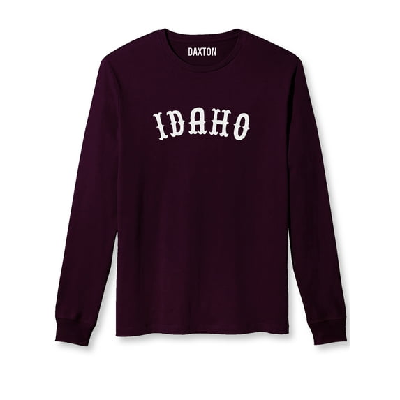 Daxton Retro Idaho Arch Font Long Sleeves T Shirt Soft Medium Weight Cotton, Plum Tee White Font, L