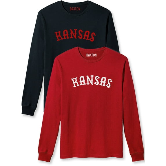 Daxton Retro Kansas Arch Font Long Sleeves T Shirt Soft Medium Weight Cotton, 2Pk Black Red Red White, M