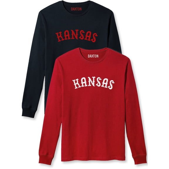 Daxton Retro Kansas Arch Font Long Sleeves T Shirt Soft Medium Weight Cotton, 2Pk Black Red Red White, M