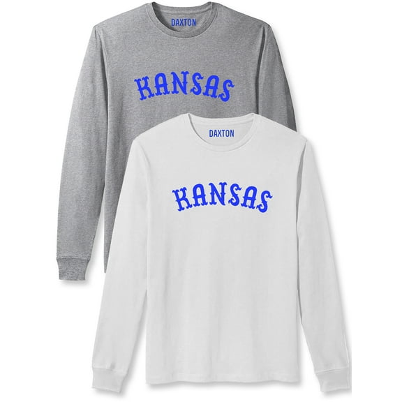 Daxton Retro Kansas Arch Font Long Sleeves T Shirt Soft Medium Weight Cotton, 2Pk Hgray Royal White Royal, L