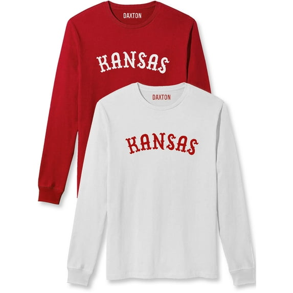 Daxton Retro Kansas Arch Font Long Sleeves T Shirt Soft Medium Weight Cotton, 2Pk Red White White Red, 2XL