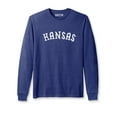 thumbnail image 1 of Daxton Retro Kansas Arch Font Long Sleeves T Shirt Soft Medium Weight Cotton, Heather Navy Tee White Font, XS, 1 of 2