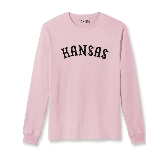 Daxton Retro Kansas Arch Font Long Sleeves T Shirt Soft Medium Weight Cotton, Pink Tee Black Font, XS