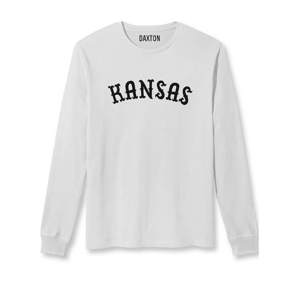 Daxton Retro Kansas Arch Font Long Sleeves T Shirt Soft Medium Weight Cotton, White Tee Black Font, 1XL