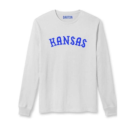 Daxton Retro Kansas Arch Font Long Sleeves T Shirt Soft Medium Weight Cotton, White Tee Royal Font, 2XL