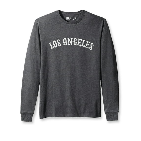 Daxton Retro Los Angeles Arch Font Long Sleeves TShirt Soft Medium Weight, Heather Charcoal Tee White Font, 3XL