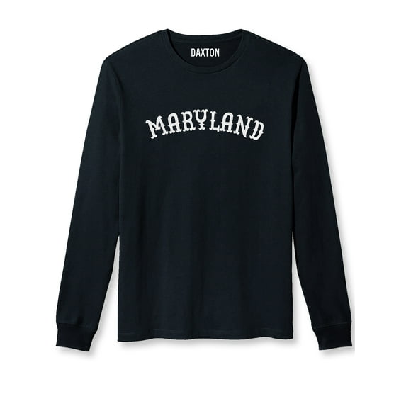 Daxton Retro Maryland Arch Font Long Sleeves T Shirt Soft Medium Weight Cotton, Black Tee White Font, 3XL