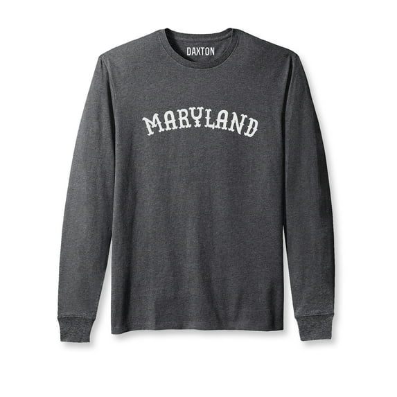 Daxton Retro Maryland Arch Font Long Sleeves T Shirt Soft Medium Weight Cotton, Heather Charcoal Tee White Font, M