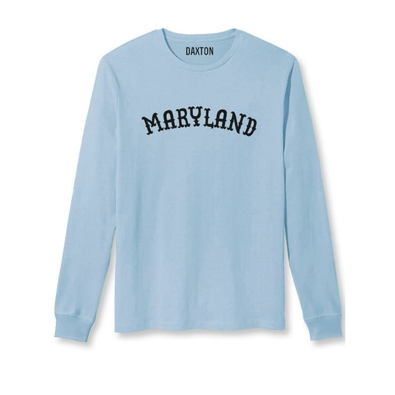 Daxton Retro Maryland Arch Font Long Sleeves T Shirt Soft Medium Weight Cotton, Sky Tee Black Font, 3XL