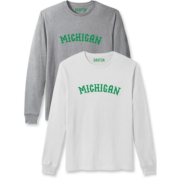 Daxton Retro Michigan Arch Font Long Sleeves T Shirt Soft Medium Weight Cotton, 2Pk Hgray Green White Green, M