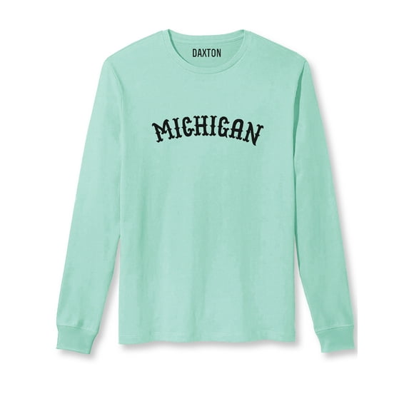 Daxton Retro Michigan Arch Font Long Sleeves T Shirt Soft Medium Weight Cotton, Mint Tee Black Font, 1XL