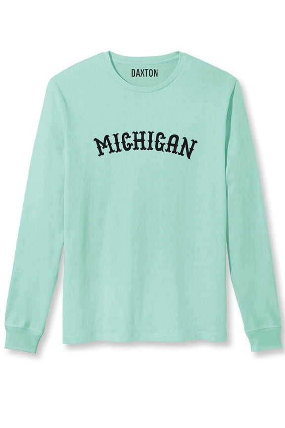 Retro Michigan Arch Font Long Sleeves T Shirt Soft Medium Weight Cotton, Mint Tee Black Font, 2XL
