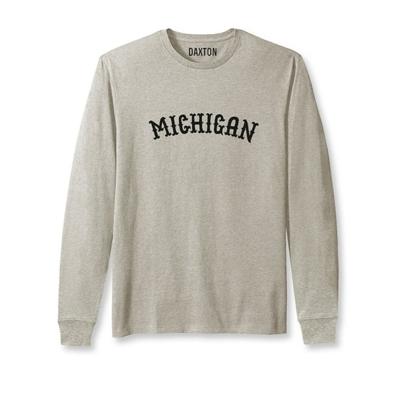 Daxton Retro Michigan Arch Font Long Sleeves T Shirt Soft Medium Weight Cotton, Oat Tee Black Font, M