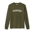 thumbnail image 1 of Daxton Retro Michigan Arch Font Long Sleeves T Shirt Soft Medium Weight Cotton, Olive Tee White Font, XS, 1 of 2