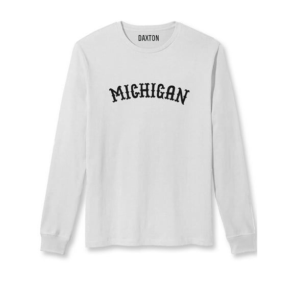 Daxton Retro Michigan Arch Font Long Sleeves T Shirt Soft Medium Weight Cotton, White Tee Black Font, M